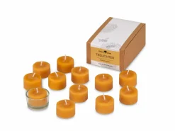 12 Teelichter aus Bienenwachs, ohne Duft, 1 Glaseinsatz
