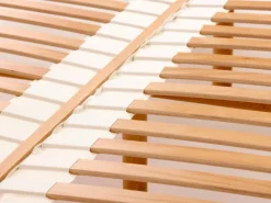 Bett Jukai Pur, mit Betthaupt und Bettrahmenhousse, inkl. integriertem Lattenrost, 160 x 200 cm, Baumwollstoff Ondula Greige (139), Buche