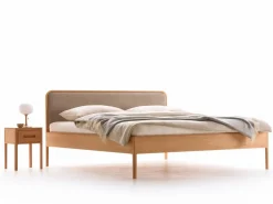 Bett Tenso mit Polsterbetthaupt, 180 x 200 cm, Wollstoff Tano Natur (79), Buche