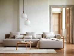 Ecksofa Sereno mit Schlaffunktion inkl. 4 Kissen (70x55 cm), B 300 x T 235 cm, Bodennah, Eckteil links, mit Bezug Wollstoff Tano Natur (79), Buche