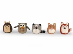 5er-Set Waldtiere: Fuchs, Hase, Eule, Waschbär, Igel, ca. 7 x 5 cm, 100 % Schurwolle (Schaf)