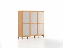 Kleiderschrank Kurami mit Drehtüren 3-türig, Wollstoff Tano Natur (79), Buche