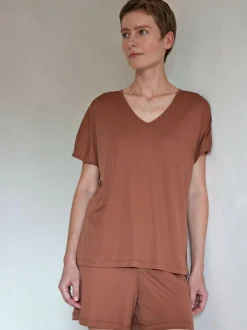 Kurzarmschlafshirt aus Baumwolljersey, 94 nougat, XS