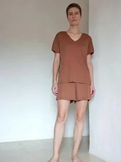 Kurzarmschlafshirt aus Baumwolljersey, 94 nougat, XS