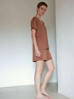 Kurzarmschlafshirt aus Baumwolljersey, 94 nougat, XS