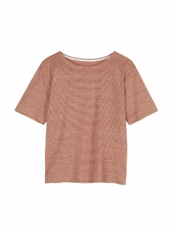 Kurzarmshirt aus Bio Leinen/Baumwolle, 76 weiss/kastanie ringel, 36, GOTS