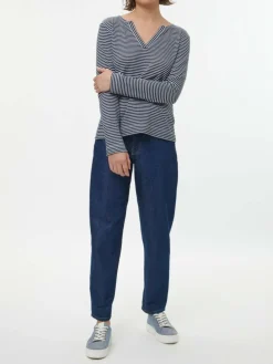 Langarmshirt aus Bio Leinen/Baumwolle, 55 navy/offwhite ringel, 38, GOTS