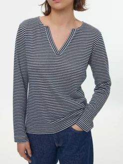 Langarmshirt aus Bio Leinen/Baumwolle, 55 navy/offwhite ringel, 38, GOTS