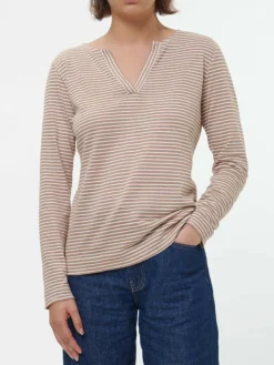 Langarmshirt aus Bio Leinen/Baumwolle, 79 nougat/offwhite ringel, 38, GOTS