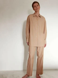 Pyjamahemd, 100 % Bio Baumwolle, 89 camel/blau gestreift, M, GOTS