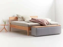 Truhe Tambor rechteckig, B 143 cm x T 48 cm x H 41 cm, Bezug Wollstoff Tano Natur (79), Buche